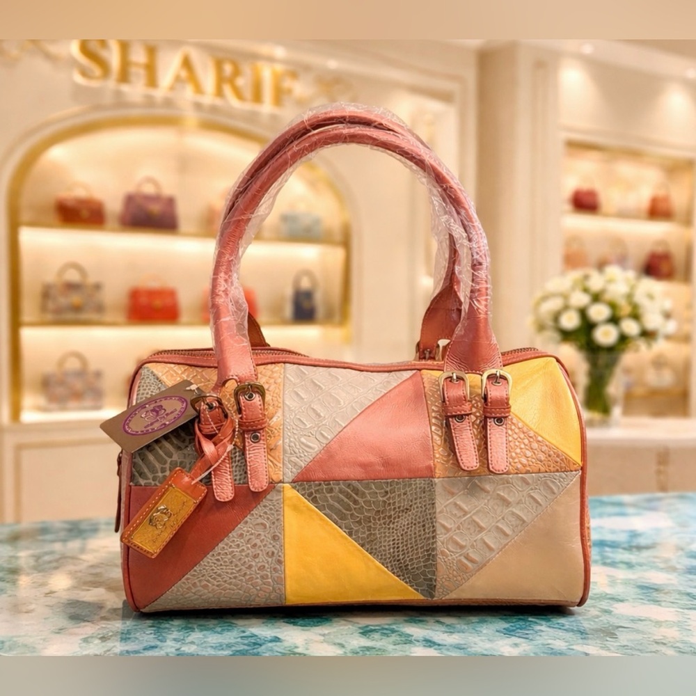 Sharif Leather Patchwork Satchel in Metallic Pink, Yellow, Blue. VINTAGE NWT